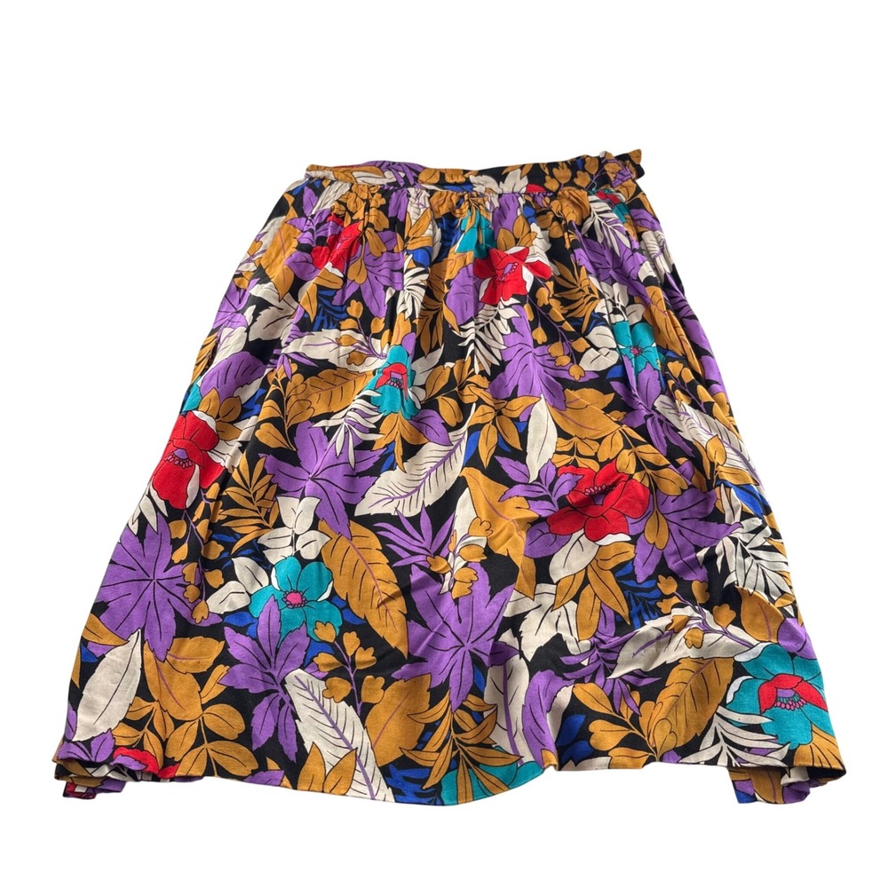 Vintage Handmade Tropical Floral Midi Skirt Purple Yellow Teal Small Botanical